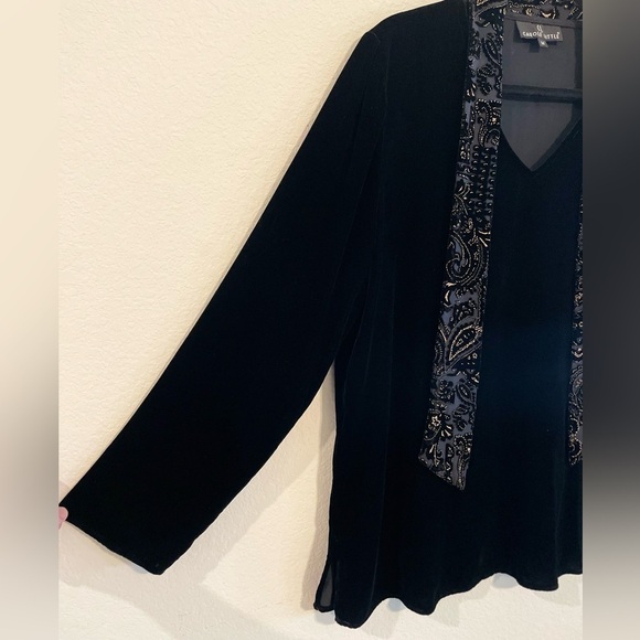 Carole Little Women’s Tunic Shirt Medium Black Silk Velvet Velour Floral Paisley - Picture 4 of 13